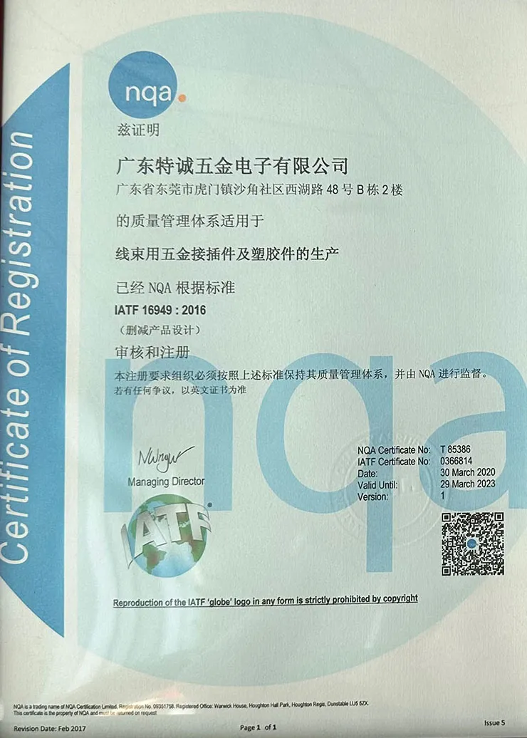 广东特诚科技IATF 16949认证证书